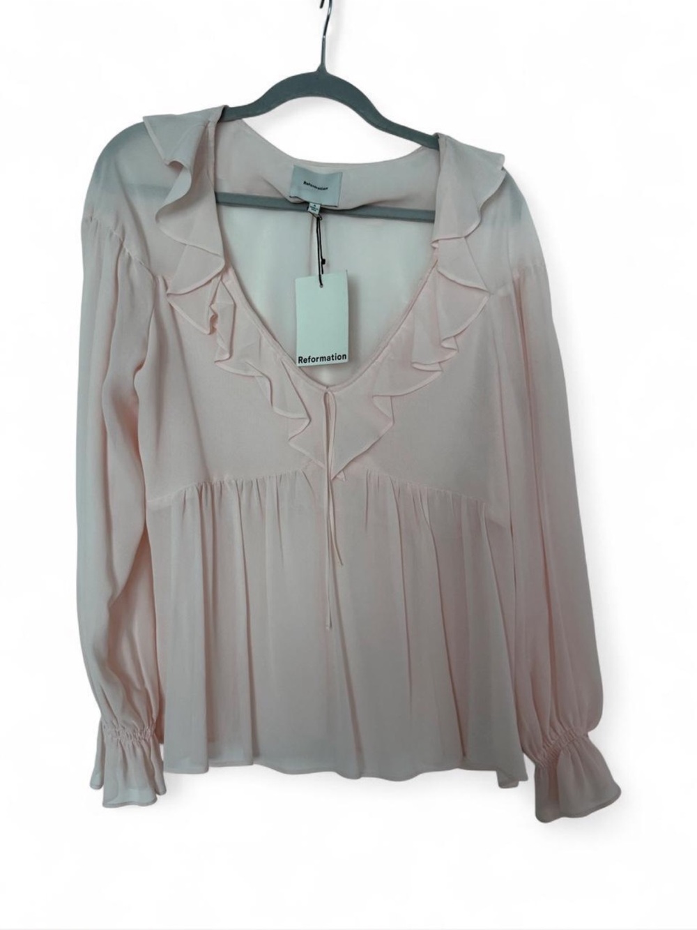 Reformation Pale Pink Ruffled V-Neck Peasant Blouse